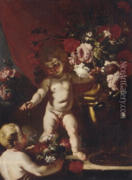Putti With Carnations, Roses And Other Flowers In Urn Oil Painting - Abraham Brueghel