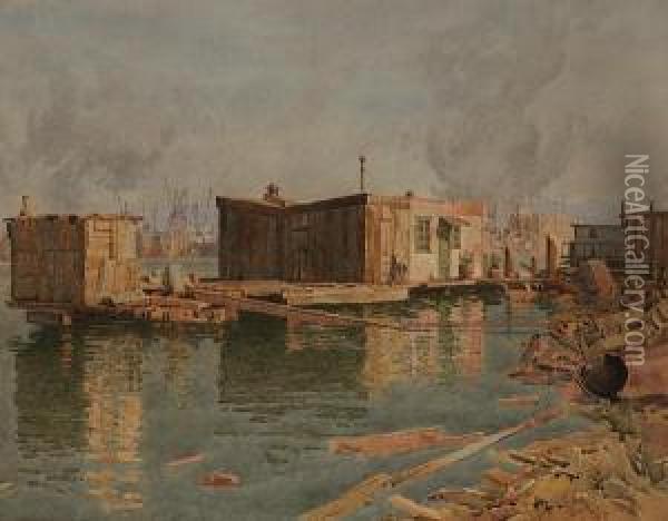 Houseboat With Busy Port Beyond Oil Painting - Gunnar M. Widforss