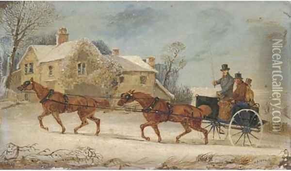 A horse and coach driving through the snow Oil Painting - Henry Thomas Alken