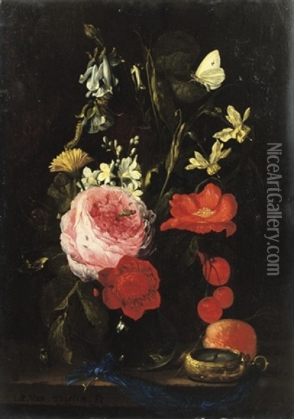 A Rose, An Anemone, A Marigold, Narcissi And Other Flowers In A Glass Vase Oil Painting - Jan Pauwel Gillemans The Elder