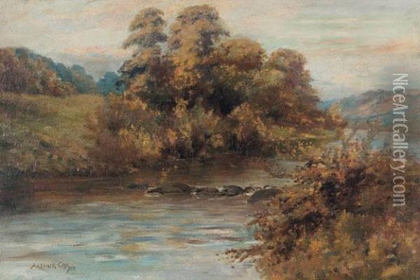 Autumnal River View. Oil Painting - Arthur Cox