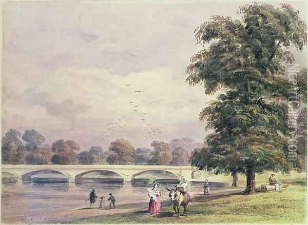 The Bridge between Kensington Gardens and Hyde Park on the Serpentine, 1840 Oil Painting - Thomas Hosmer Shepherd