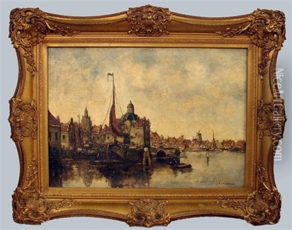 Port Scene With Windmill In Background Oil Painting - Johan Hendrik van Mastenbroek