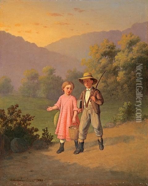 Children Walking Down A Path Oil Painting - Johann Mongels Culverhouse
