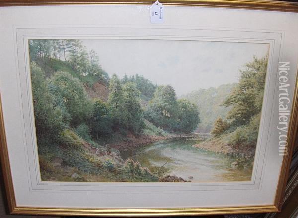 Fishermen In A Wooded River Gorge, Signed,watercolour Oil Painting - Charles Gregory