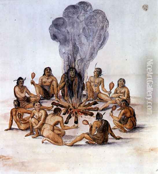 Indians round a Fire Oil Painting - John White