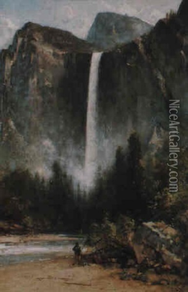Indian Fisherman By A Sunlit Waterfall Oil Painting - Thomas Hill