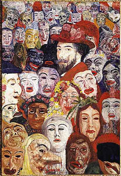 My Portrait Surrounded by Masks, 1899 Oil Painting - James Ensor