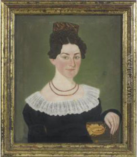 Portrait Of A Young Lady With Tortoise Shell Comb, Coral Beads Seated In A Grain-painted Stencilled Fancy Chair Oil Painting - Micah Williams