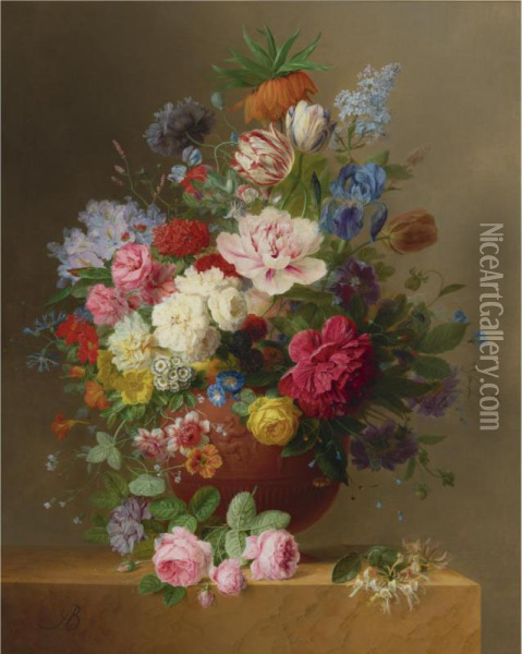 Still Life Of Roses, Lilac, 
Peonies, Tulips, An Iris, Auriculas,fritillaria Imperialis, Morning 
Glory And Other Flowers In Aterracotta Vase On A Stone Ledge, With A 
Sprig Of Honeysuckle Oil Painting - Arnoldus Bloemers