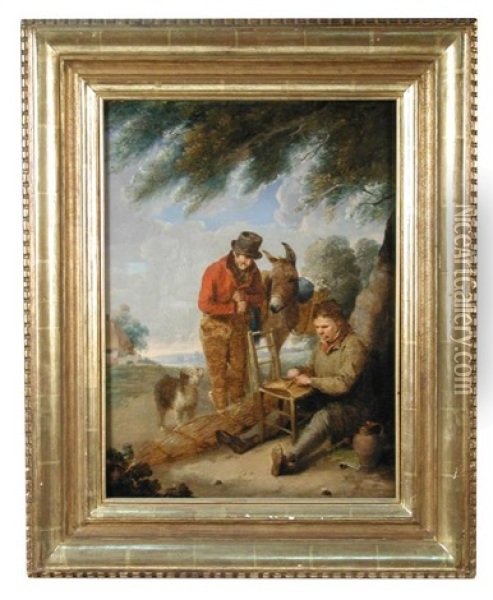 A Farmer With His Donkey And His Collie Watching A Basket Weaver At Work On A Chair Oil Painting - Edmund Bristow