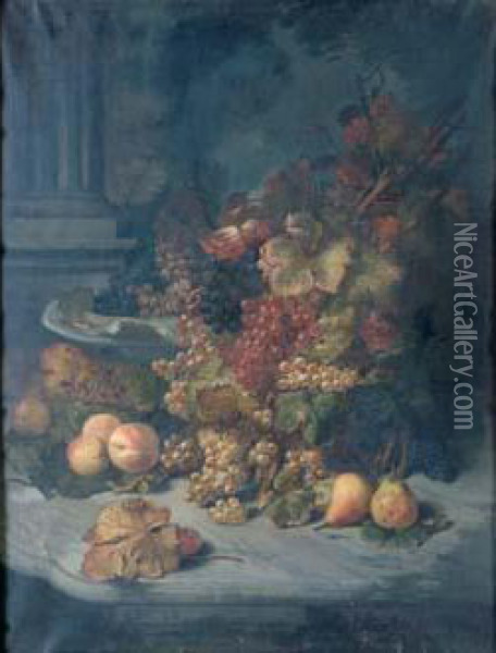 Pommes Et Raisins Au Pied D'une Colonne. Oil Painting - Charles Antoine Aug. Massenot