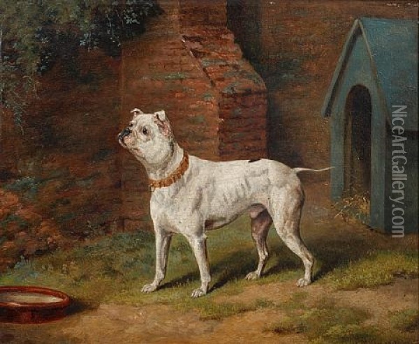 White Bulldog Before A Kennel Oil Painting - Dean Wolstenholme the Younger