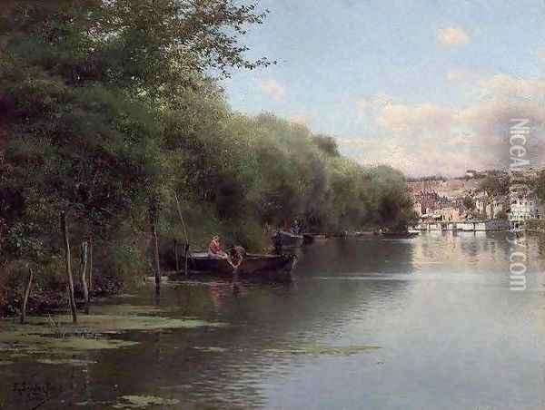 Fishing on the Bank of the Oise Pontoise Oil Painting - Emilio Sanchez-Perrier