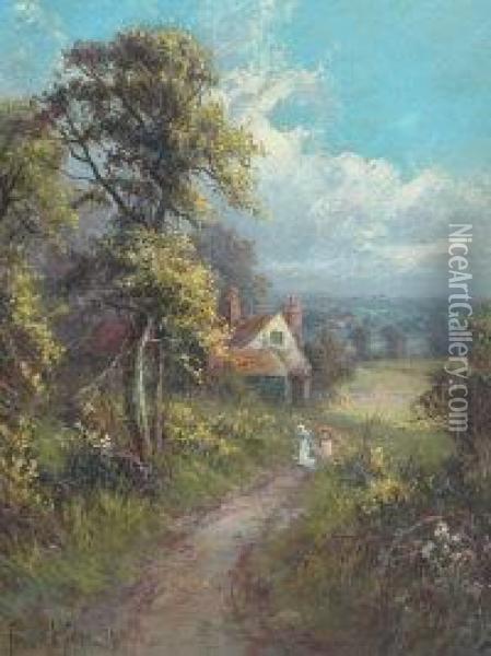 Sunset With Shepherd And Flock And Children On A Pathway Near A Cottage Oil Painting - Frank Hider