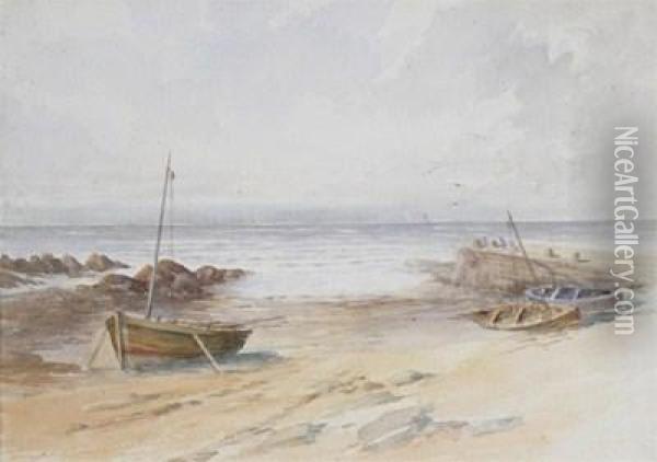Boats On A Beach By A Harbour Wall Oil Painting - John Johnston