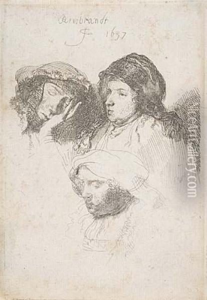 Three Heads Of Women, One Asleep Oil Painting - Rembrandt Van Rijn