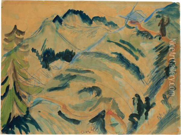 Blick Von Der Stafelalp / Stafelalp Mit Zwei Wanderern Oil Painting - Ernst Ludwig Kirchner