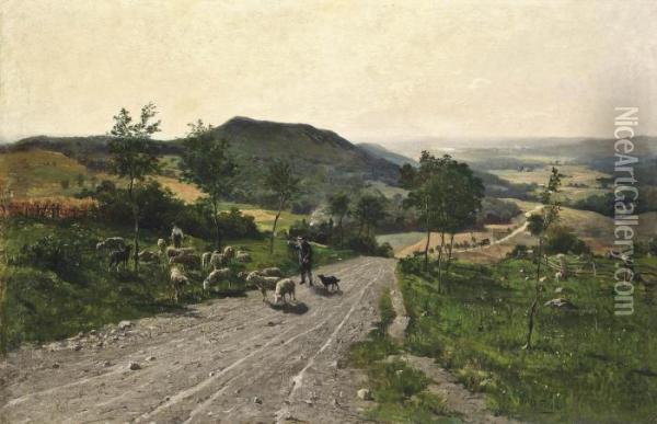 Shepherds Making Way On A Country Track Oil Painting - Paul Franz Flickel