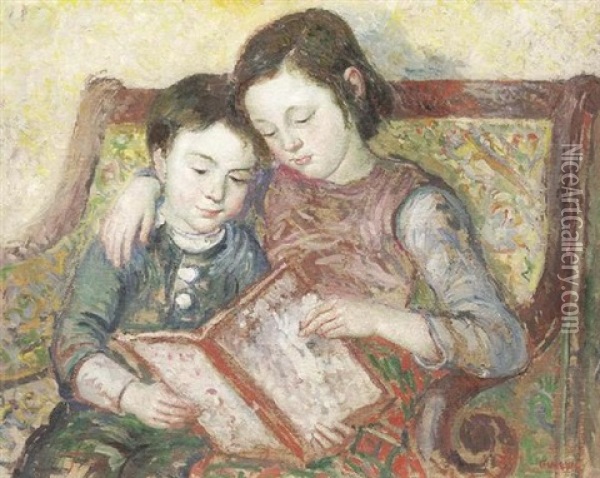 Geschwisterpaar Bei Lesen Oil Painting - Moses Gurewicz