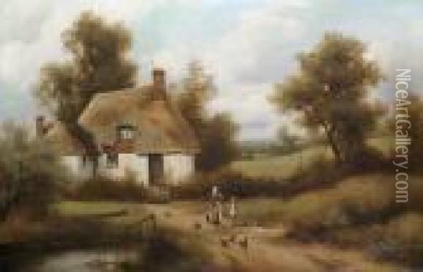 Figures Before A Cottage With Sheep Grazing In The Distance 'c. Vickers' (lower Right) Oil Painting - Charles Vickers