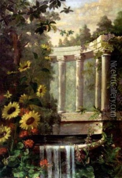 Vue De Parc Fleuri Agremente D'une Fontaine Oil Painting - Gabrielle Millioud-Melay