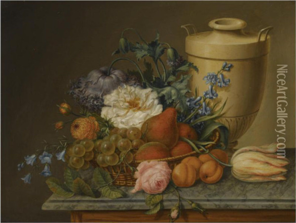 A Still Life With Peonies, Roses, Bluebells, Pears And Grapes In Abasket Together With An Urn, All On A Marble Ledge Oil Painting - Joseph Laurent Malaine