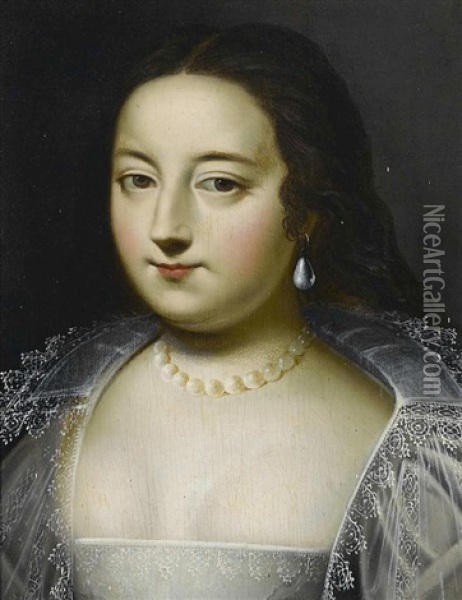 A Portrait Of A Lady Wearing A Pearl Necklace Oil Painting - Daniel Dumonstier