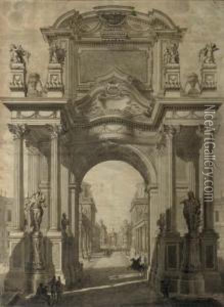 An Architectural Capriccio With A Triumphal Arch: Study For A Frontispiece Oil Painting - Maurizio Pedetti