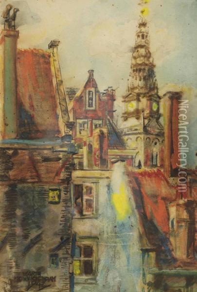 View Of The Oude Kerk, Amsterdam Oil Painting - Martin Monnickendam