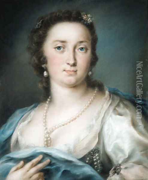 Portrait of a lady, bust-length, in a silver dress with a blue shawl Oil Painting - Rosalba Carriera