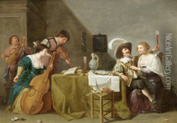 A Merry Company Making Music In An Interior Oil Painting - Jan Van Bijlert