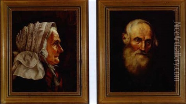 Portrait Of An Elderly Woman Wearing White Cap (+ Portrait Of An Elderly Bearded Man; Pair) Oil Painting - Ellsworth Woodward