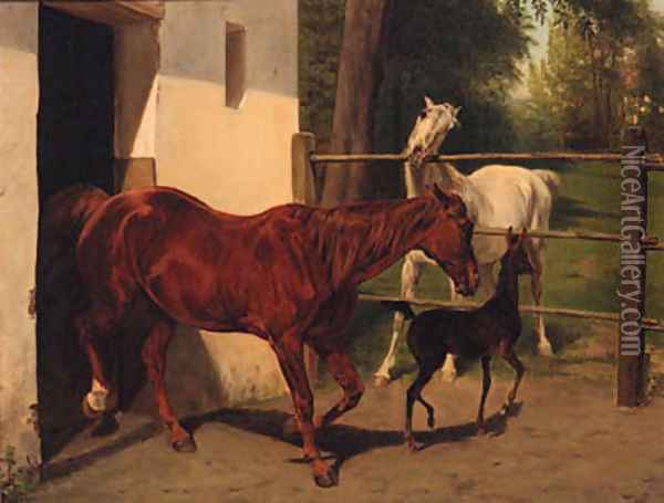 Mares with a Foal Oil Painting - Wouter Verschuur