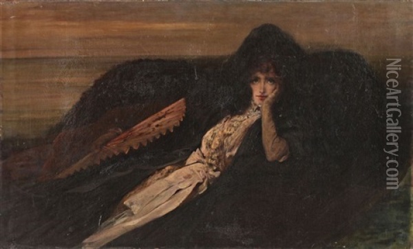 Portrait De Sarah Bernard A L'eventail Oil Painting - Georges Jules Victor Clairin