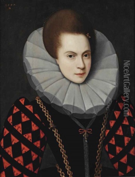 Portrait Of A Lady, Bust-length, In A Black And Red Spanish Dress, And White Ruff, With A Sword-shaped Hairpin And Golden Chain With A Pistol-shaped... Oil Painting - David Remeeus