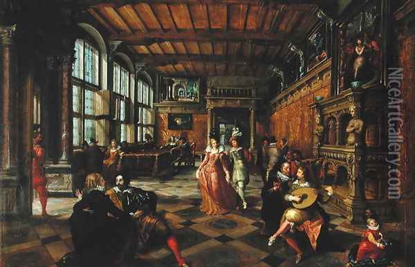 Scene of a Ball in a Flemish Interior Oil Painting - Hans Vredeman de Vries
