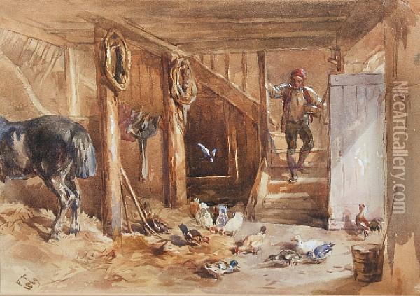 Groom Entering A Sunlit Stable Interior Oil Painting - John Frederick Tayler