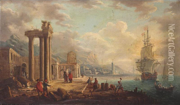 Harbour Scene With Figures Among Ancient Ruins Oil Painting - Alessandro Grevenbroeck
