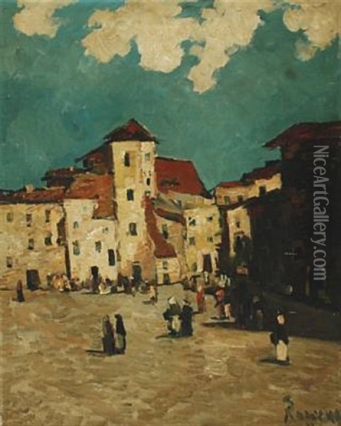 City Scene From An Italian Piazza With Street Life Oil Painting - Hans Ruzicka-Lautenschlaeger