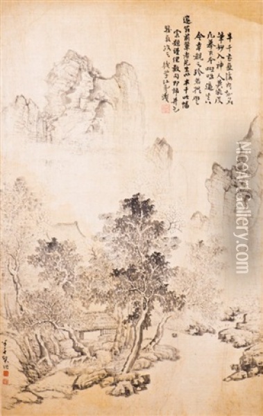 A Framed Silk Painting Of Landscape Motif, After Gong Xian Oil Painting -  Gong Xian