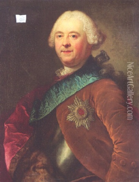 Portrait Of Moritz Carl, Graf Zu Lynar, In A Breastplate And A Brown Coat, With A Blue Sash And The Star Of An Order Oil Painting - Anton Graff