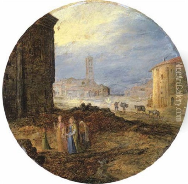 The Piazza Bocca Della Verita, Rome, With Elegant Ladies Before The Temple Of Fortuna Virilis, S. Maria In Cosmedin And The Temple Of Hercules Victor Beyond Oil Painting - Jan Brueghel the Elder