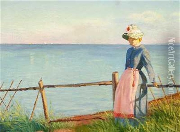 En Ung Kvinde Med Strahat Betragter Havet Oil Painting - Johann Christopher Schlichtkrull