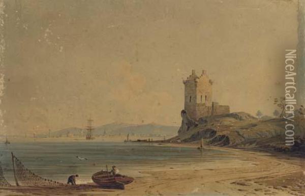Figures Mending The Nets On The Foreshore Before A Ruinedtower Oil Painting - John Varley