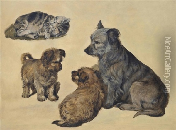 A Terrier With Her Puppies And A Kitten Oil Painting - Sir Edwin Henry Landseer