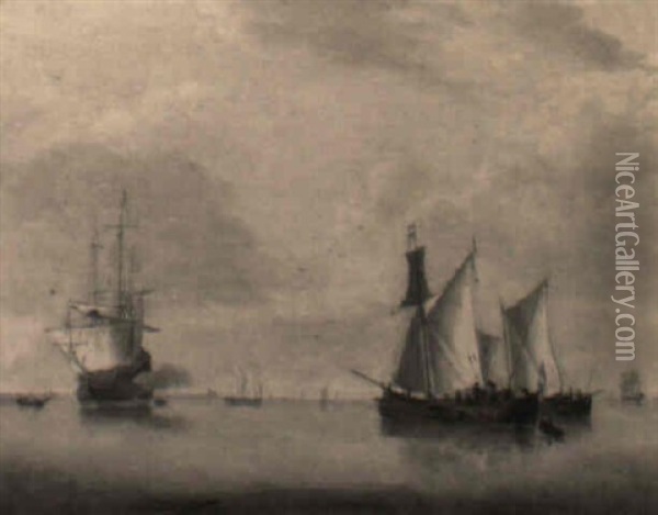 A Calm: A Three-master Firing A Salute Towards Sailing Vessels At Anchor Oil Painting - Jan Van De Cappelle