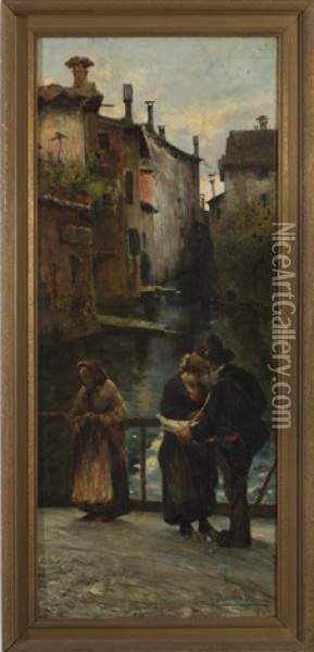 Canal Scene With Street Vendor On A Bridge Oil Painting - Angelo dall' Oca Bianca