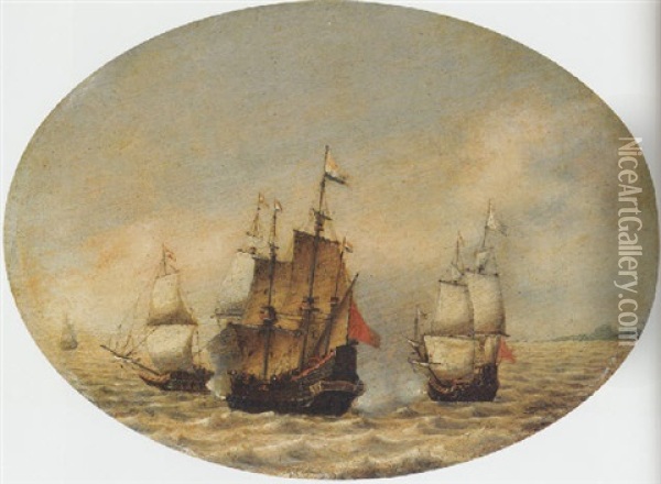 A Dutch Merchantman Under Attack Offshore Oil Painting - Hendrick Van Anthonissen