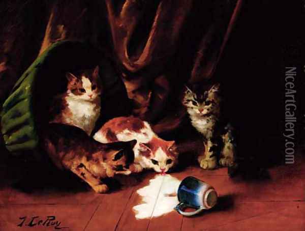Kittens enjoying spilt milk Oil Painting - Jules Leroy